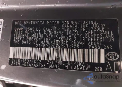 2008 Toyota Corolla S из США, поврежденный, VIN 2T1BR32E88C913776